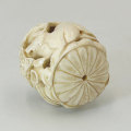 Japanese Netsuke Cat and Butterfly Carved Ball 19th