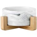 Medium Ceramic Bowl with Wooden Stand - Marble White