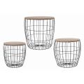 H&S - 3 Piece Black Wire Side Table Set With Wooden Tops