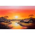 Canvas Wall Art - African Village Sunset View - A1491