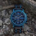 Natural Ebony and Blue Stainless Steel Men's Wooden Chronograph Watch