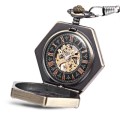 Hexagon Dial Hollow-out Flip Cover Mechanical Pocket Watch Chain Table