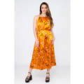 Ladies Orange Floral Satin Sleeveless Summer Tie-Up Dress