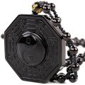 SCOO Jewelry Natural Black Obsidian Round Tai Chi Gossip Pendant Extend Bead Necklace