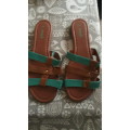 EYE CATCHING GREEN AND CARAMEL SLIP ON SANDALS - NEW