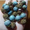 Antique Czech Turquoise with Gold Hubbell Glass Beads and Bronze Ball Filigree Attachments