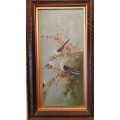 Antique Painting of Birds in a Fir Tree Artist signed dated 1915