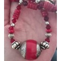 Beautifully Made Real Coral and Red Crystal Beads with Silver Spacers Necklace