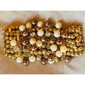 Bracelet Elastic Strap Gold with cream and white pearl beads and diamante detail