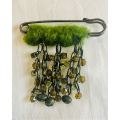 Brooch Olive Green Beads/Fur