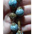Antique Czech Turquoise with Gold Hubbell Glass Beads and Bronze Ball Filigree Attachments