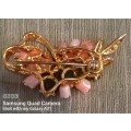 Vintage Gold Tone Brooch with Angel Skin Coral Buds and Jade Leaves