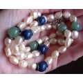 Beautiful Rich and Creamy Freshwater Pearl Necklace with Jade and Lapis Lazuli Beads