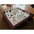 CHESS set Glass in wooden box with mirror finish board