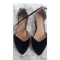 BLACK SUEDE LIKE ANKLE STRAP FLAT SHOES BY MILADYS