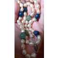 Beautiful Rich and Creamy Freshwater Pearl Necklace with Jade and Lapis Lazuli Beads