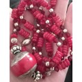 Beautifully Made Real Coral and Red Crystal Beads with Silver Spacers Necklace