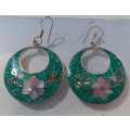 Vintage Mexican Silver Shell Inlaid Earrings. Diameter 3.5cm.
