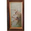 Antique Painting of Birds in a Fir Tree Artist signed dated 1915