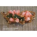 Vintage Gold Tone Brooch with Angel Skin Coral Buds and Jade Leaves