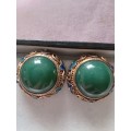 A Pair Of Vintage Chinese Gilded Silver And Enamel Filigree Jade??Aventurine?? Gemstone Earrings