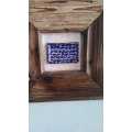 Blue &white porcelain pin dish in a salvaged Oregon pine frame
