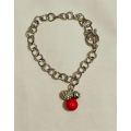 Silver bracelet with clasp / red bead and diamante detail