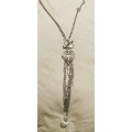 Necklace , Long Silver Statement necklace , large clear Stone and diamante detail