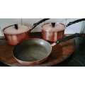 Set of 3 Vintage Copper Pots & Pan with Bakelite Handles