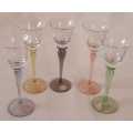 BOHEMIA GLASS COLOURFUL FLUTED LONG STEM SHOT GLASSES X5