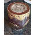 Chinese wooden tobacco jar barrel shaped with brass mounts