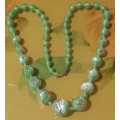 Beautiful Vintage Soft Green Art Glass Beads Necklace with Silver and a bit of  Gold Foil
