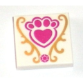 Lego Used - Tile 2 x 2 with Groove with Magenta Jewel and Paw Print with Heart and Gold De~ [White]