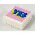 Lego NEW - Tile 1 x 1 with Groove with Blue Green and Yellow Layered 'YES' on Bright Pink~ [White]