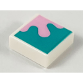 Lego NEW - Tile 1 x 1 with Groove with Bright Pink Splotch on Dark Turquoise BackgroundPa~ [White]