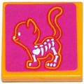 Lego Used - Tile 2 x 2 with Groove with X-Ray Cat Skeleton on Magenta Backgr~ [Bright Light Orange]