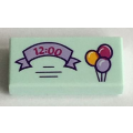 Lego NEW - Tile 1 x 2 with Groove with Lavender Ribbon with '12:00' and 3 Balloons Pa~ [Light Aqua]
