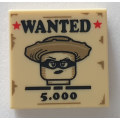 Lego NEW - Tile 2 x 2 with Groove with 'WANTED' '5.000' Red Stars and Female WesternBandit ~ [Tan]