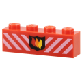 Lego Used - Brick 1 x 4 with Fire Logo Badge and White Danger Stripes Pattern~ [Red]