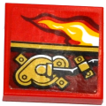 Lego Used - Tile 2 x 2 with Groove with Flame and Gold Mechanical Pattern Model Right Side (~ [Red]