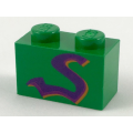 Lego Used - Brick 1 x 2 with Purple Snake Pattern~ [Green]