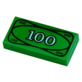 Lego Used - Tile 1 x 2 with Currency / Money 100 Bill / Note Pattern~ [Green]