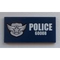 Lego Used - Tile 2 x 4 with Silver Star Badge and White 'POLICE 60008' on Dark Blue Ba~ [Dark Blue]
