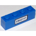 Lego Used - Brick 1 x 4 with Black 'ER60117' Pattern (Sticker) - Set 60117~ [Blue]