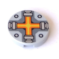 Lego Used - Tile Round 2 x 2 with Bottom Stud Holder with Orange and Yellow Cr~ [Light Bluish Gray]
