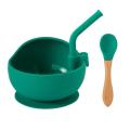 Silicone Bowl Set with Straw Children's Spoon Tableware Dark Green