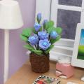 1/12 Scale Dollhouse Mini Blue Rose Green Potted Plant for Doll House
