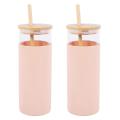 17oz Glass Tumbler Portable Water Bottle Straw Silicone Lid-pink