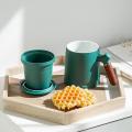 Handmade Ceramic One-piece Filter Tea Cup with Lid Light Blue