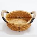 Rattan Round Basket Tray with Handle,for Breakfast Drink Snack Tea B